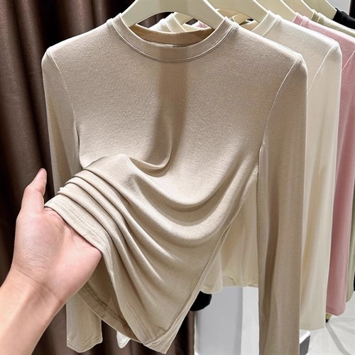 Áo thun nữ dài tay cổ tròn màu nude size L