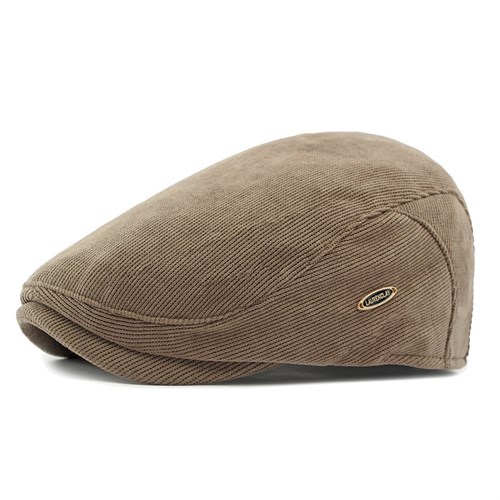 Mũ nồi beret nam vải nhung kẻ LaurenClay- Kaki đậm